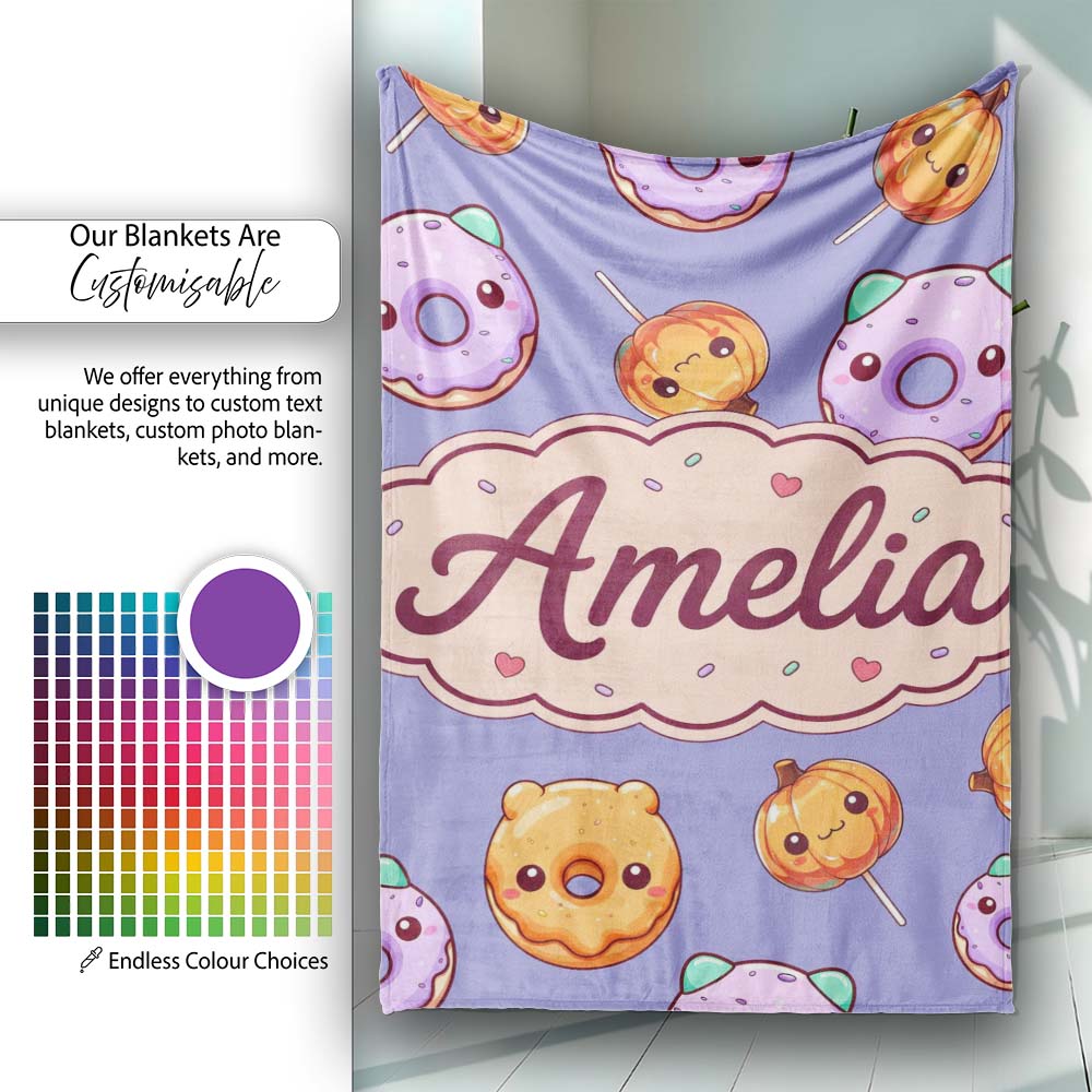 Cute Halloween Donuts Pumpkin Lollipop Seamless Pattern Purple Personalised Custom Name Super Soft Fleece Blanket Bed Sofa Throw