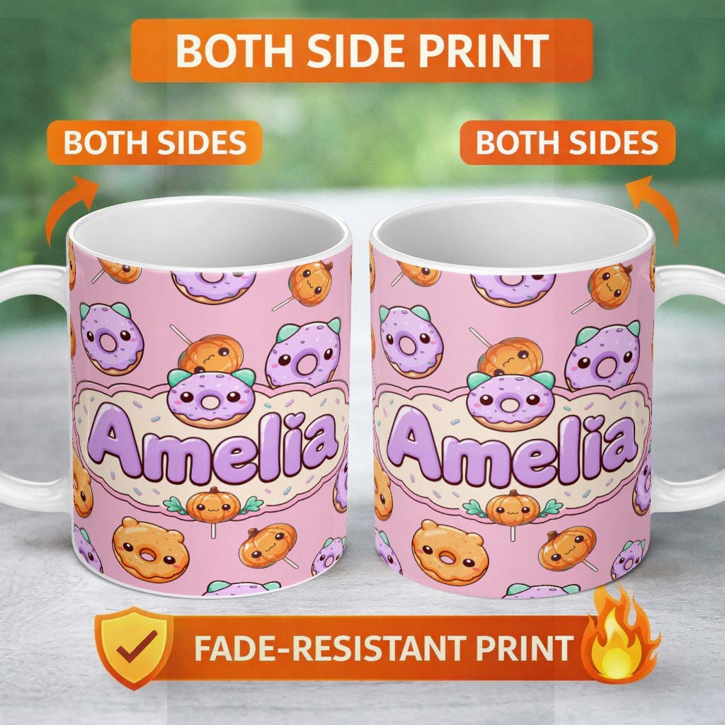 Personalized Custom Name Cute Halloween Donuts Pumpkin Lollipop Seamless Pattern Blush Pink 11oz Ceramic Coffee Tea Mug White Large Handle