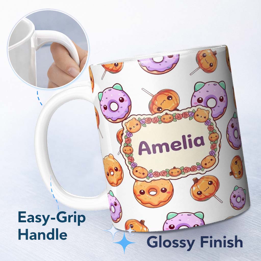 Personalized Custom Name Cute Halloween Donuts Pumpkin Lollipop Seamless Pattern Light Grey 11oz Ceramic Coffee Tea Mug White Large Handle