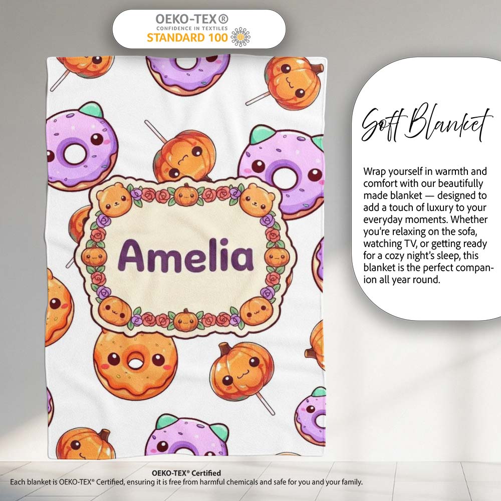 Cute Halloween Donuts Pumpkin Lollipop Seamless Pattern Light Grey Personalised Custom Name Super Soft Fleece Blanket Bed Sofa Throw