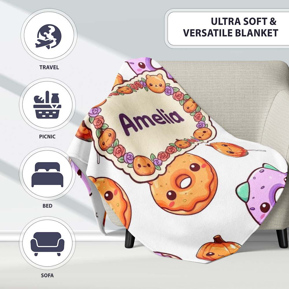 Cute Halloween Donuts Pumpkin Lollipop Seamless Pattern Light Grey Personalised Custom Name Super Soft Fleece Blanket Bed Sofa Throw