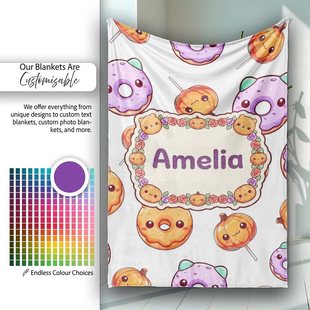 Cute Halloween Donuts Pumpkin Lollipop Seamless Pattern Light Grey Personalised Custom Name Super Soft Fleece Blanket Bed Sofa Throw