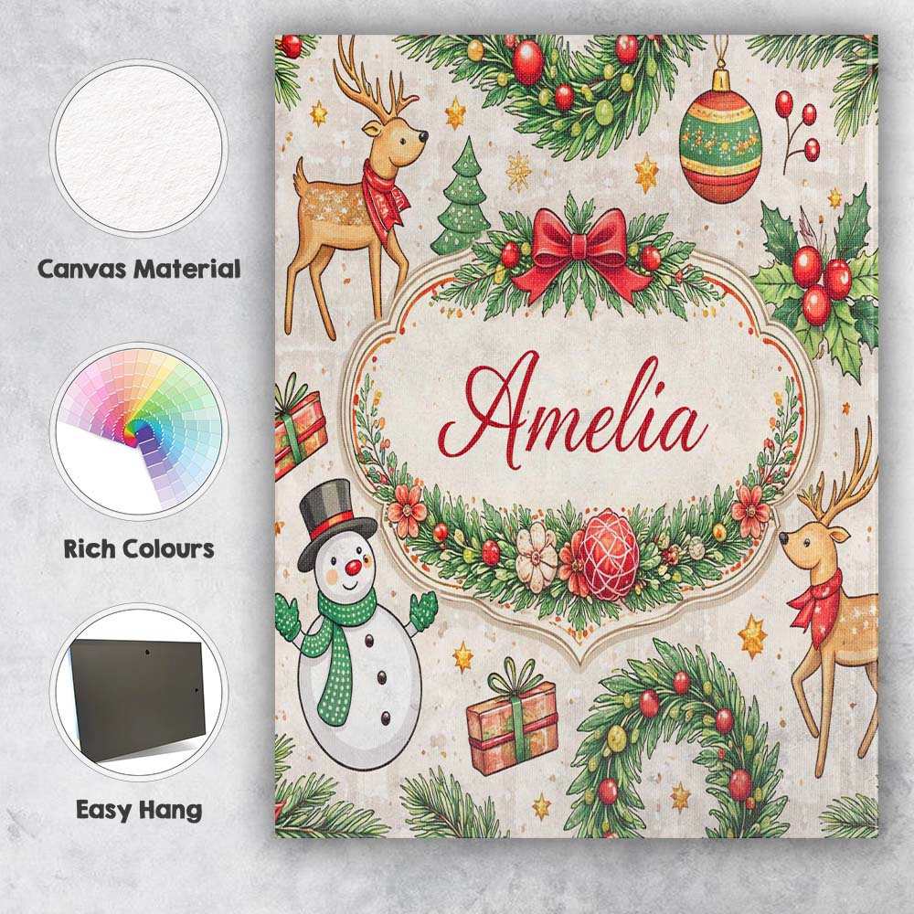 Personalised Name Classic Christmas Plaid Tree Reindeer Seamless Custom Interior Canvas Wall Art Print Decor Picture Ready to Hang