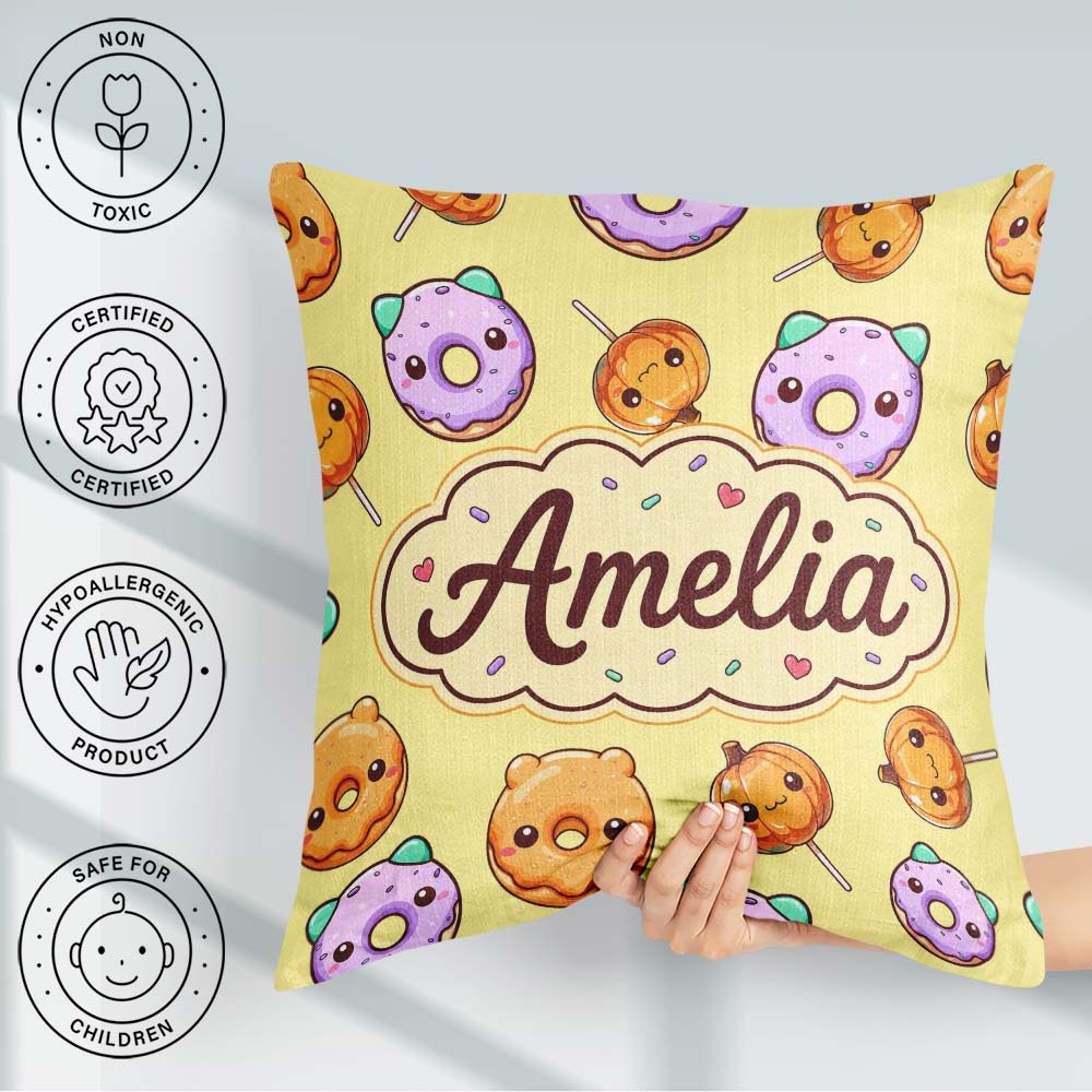 Custom Name Cute Donuts Pumpkin Lollipop Seamless Pattern Yellow Square Filled Cushion Throw Pillow Sofa Bed Home Decor Zip Washable UK Made