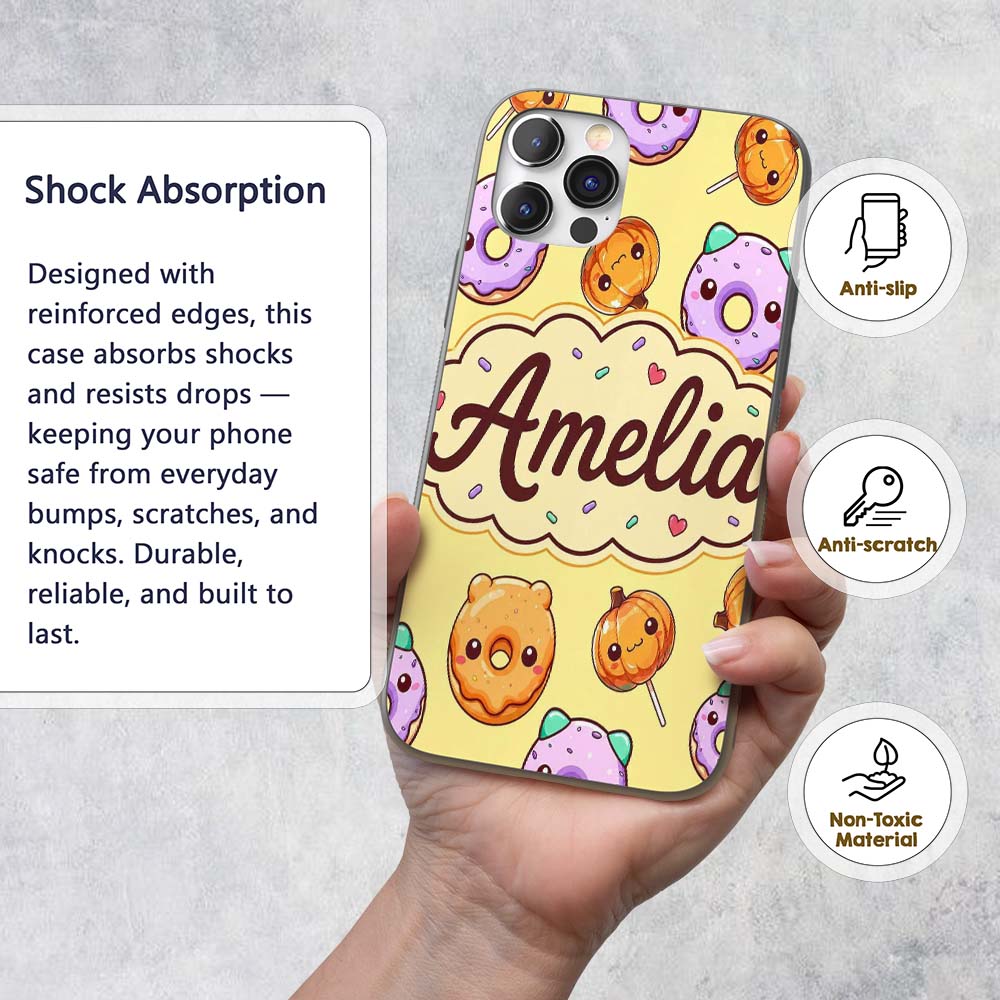 Cute Halloween Donuts Pumpkin Lollipop Seamless Custom Name Protective Phone Case Mobile Cover Durable Everyday Smartphone Shock Resistant