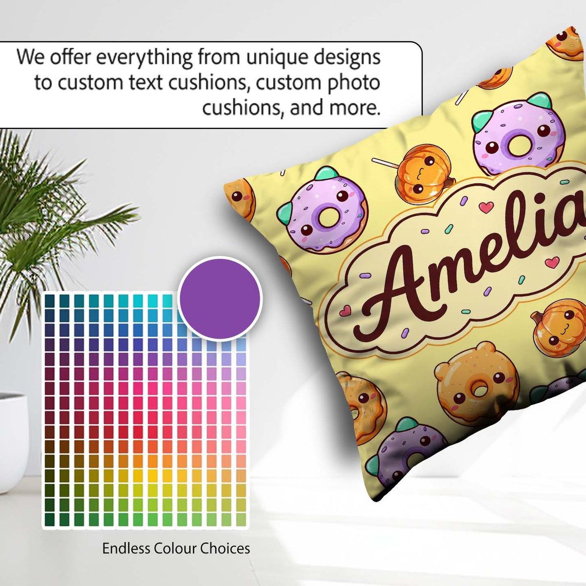 Custom Name Cute Donuts Pumpkin Lollipop Seamless Pattern Yellow Square Filled Cushion Throw Pillow Sofa Bed Home Decor Zip Washable UK Made