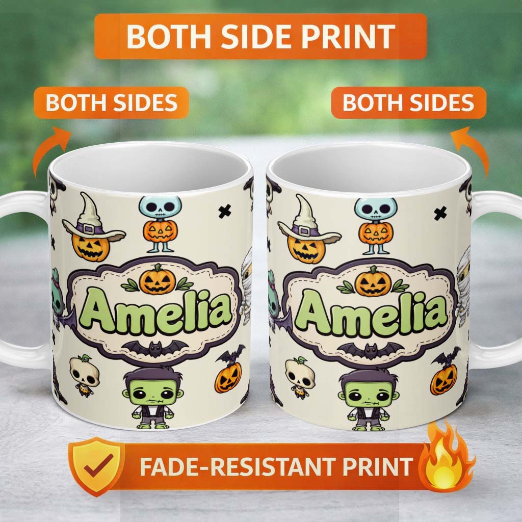 Personalized Custom Name Halloween Character Zombie Mummy Bat Pumpkin Seamless Pattern Beige 11oz Ceramic Coffee Tea Mug White Large Handle