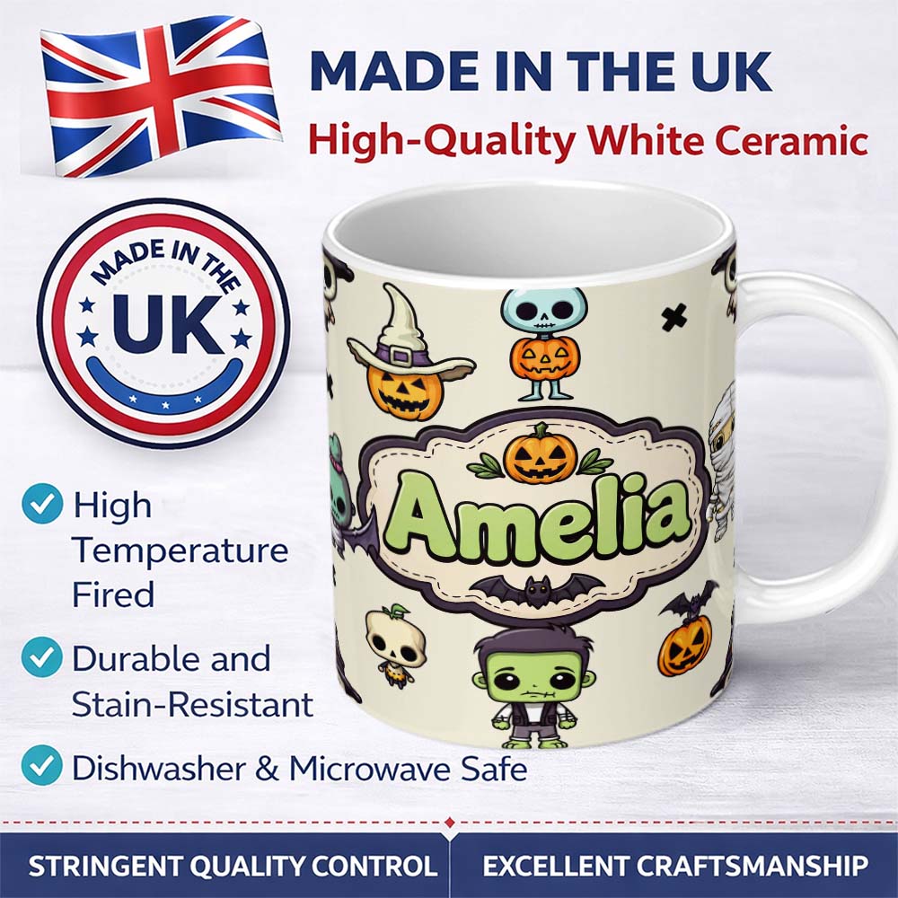 Personalized Custom Name Halloween Character Zombie Mummy Bat Pumpkin Seamless Pattern Beige 11oz Ceramic Coffee Tea Mug White Large Handle