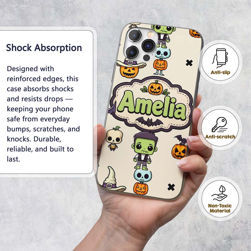 Halloween Character Zombie Mummy Bat Pumpkin Custom Name Protective Phone Case Mobile Cover Durable Everyday Smartphone Shock Resistant