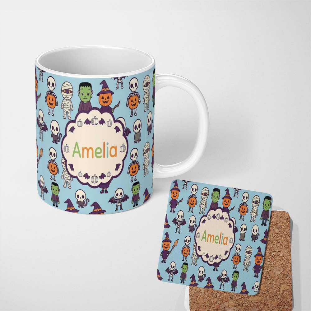 Personalized Custom Name Cute Halloween Frankenstein Mummy Bat Pumpkin Seamless Pattern Blue 11oz Ceramic Coffee Tea Mug White Large Handle