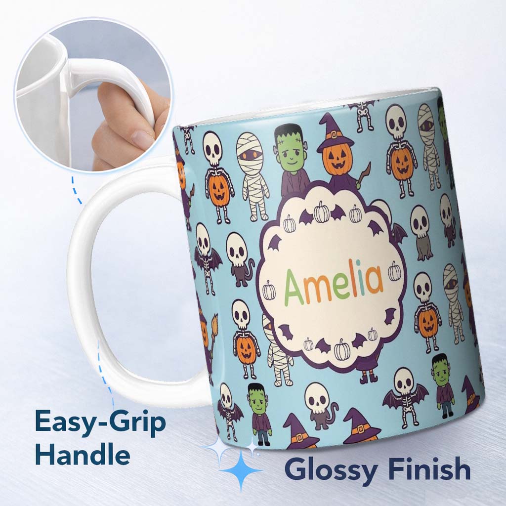 Personalized Custom Name Cute Halloween Frankenstein Mummy Bat Pumpkin Seamless Pattern Blue 11oz Ceramic Coffee Tea Mug White Large Handle