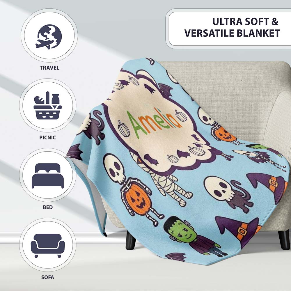 Cute Halloween Frankenstein Mummy Bat Pumpkin Seamless Pattern Blue Personalised Custom Name Super Soft Fleece Blanket Bed Sofa Throw