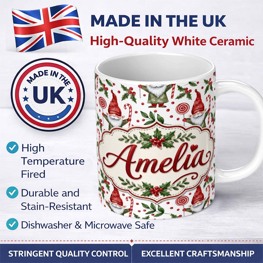 Personalized Custom Name Watercolor Christmas Gnome Candy Cane Lollipop Seamless Pattern 11oz Ceramic Coffee Tea Mug White Large Handle
