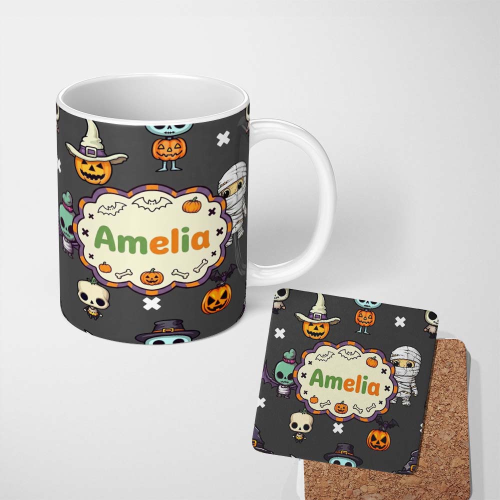 Personalized Custom Name Halloween Frankenstein Mummy Bat Pumpkin Seamless Pattern Dark Grey 11oz Ceramic Coffee Tea Mug White Large Handle