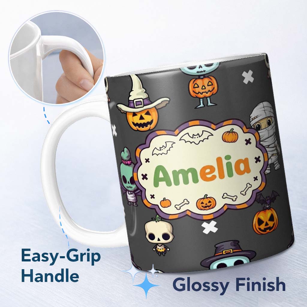 Personalized Custom Name Halloween Frankenstein Mummy Bat Pumpkin Seamless Pattern Dark Grey 11oz Ceramic Coffee Tea Mug White Large Handle