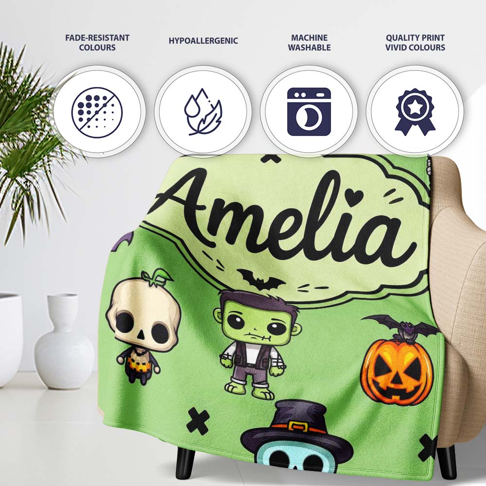 Cute Halloween Frankenstein Mummy Bat Pumpkin Seamless Pattern Personalised Custom Name Super Soft Fleece Blanket Bed Sofa Throw