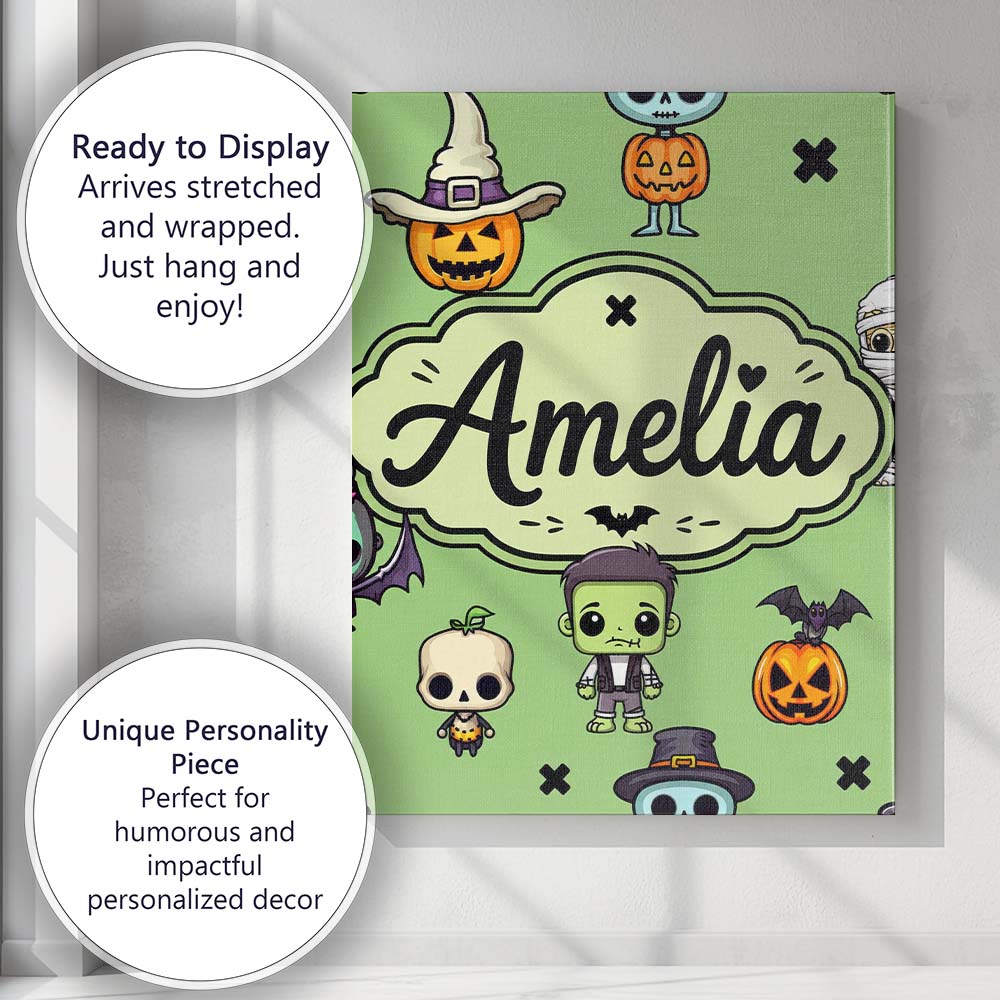 Personalised Name Cute Halloween Frankenstein Custom Unique Gift Idea Modern Room Accent Canvas Wall Art Print Decor Picture Ready to Hang