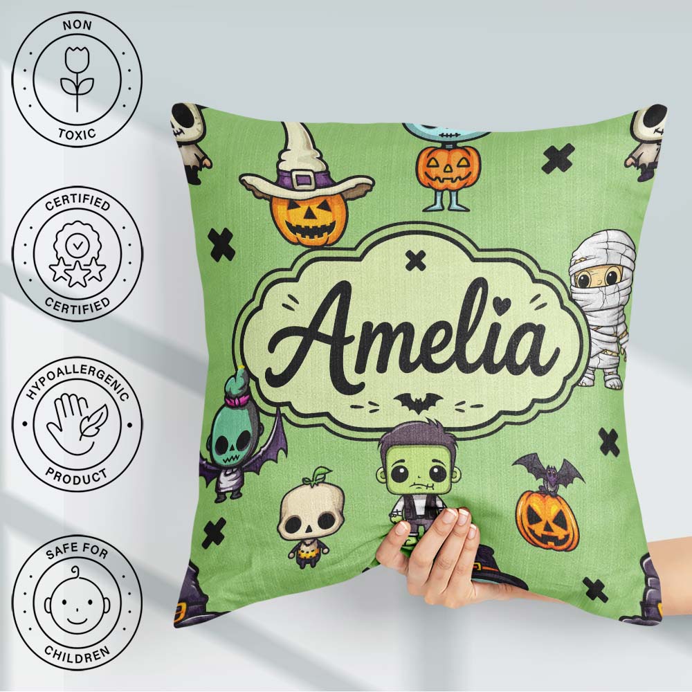 Custom Name Cute Frankenstein Mummy Bat Pumpkin Seamless Pattern Square Filled Cushion Throw Pillow Sofa Bed Home Decor Zip Washable UK Made