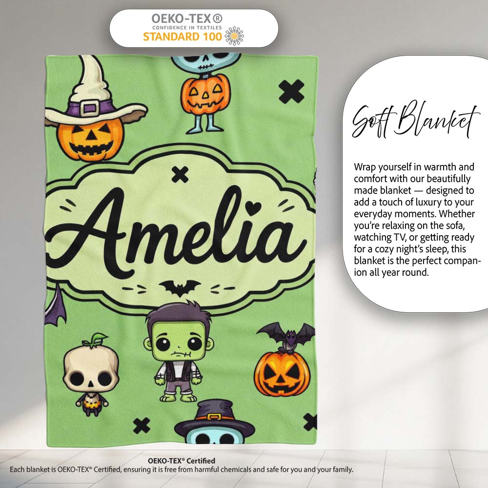 Cute Halloween Frankenstein Mummy Bat Pumpkin Seamless Pattern Personalised Custom Name Super Soft Fleece Blanket Bed Sofa Throw