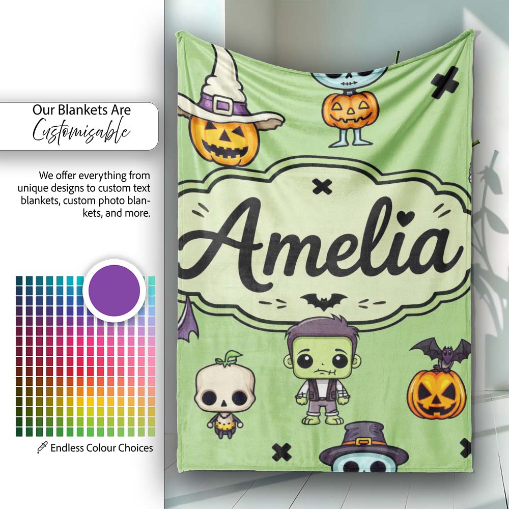 Cute Halloween Frankenstein Mummy Bat Pumpkin Seamless Pattern Personalised Custom Name Super Soft Fleece Blanket Bed Sofa Throw