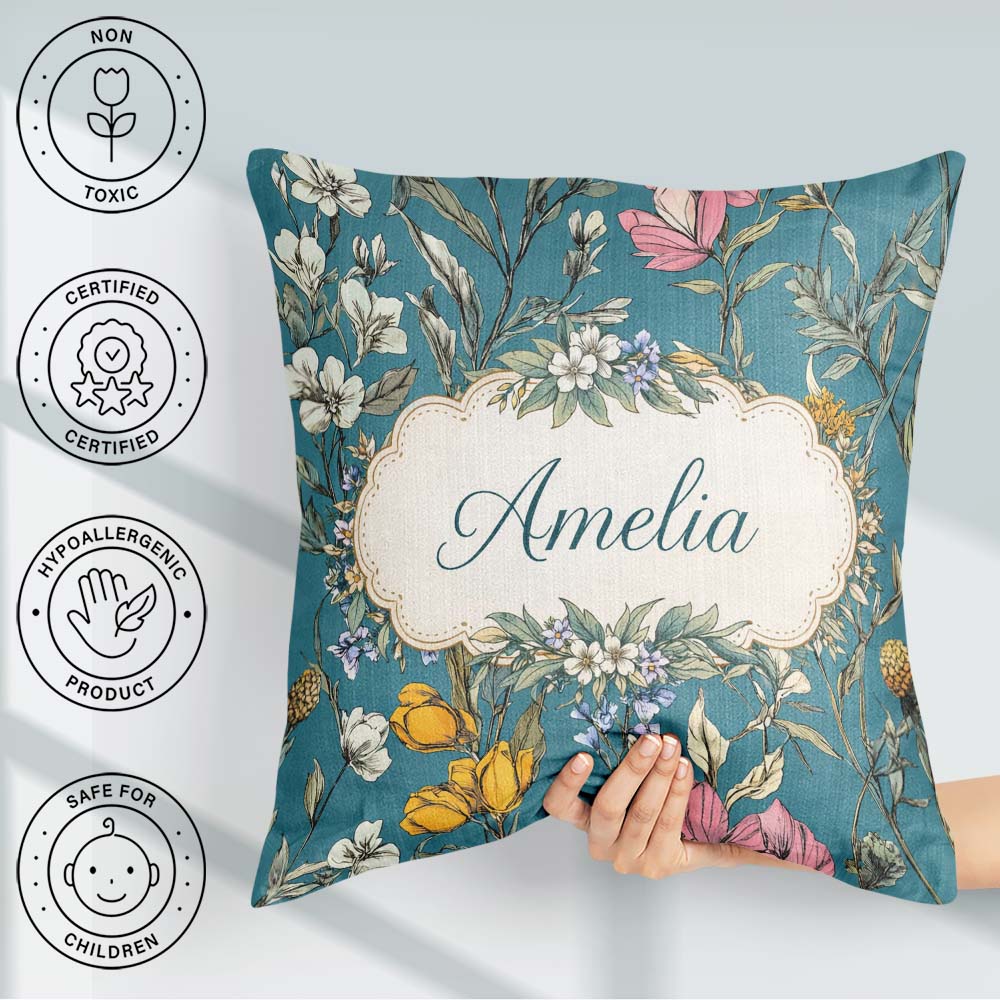 Custom Name Minimal Daisy Flower Soft Green Seamless Pattern Square Filled Cushion Throw Pillow Sofa Bed Home Decor Zip Washable UK Made