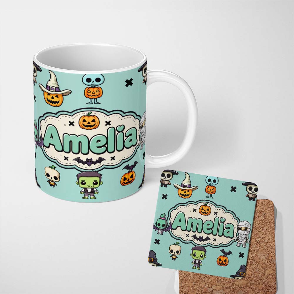 Personalized Custom Name Cute Halloween Frankenstein Mummy Bat Pumpkin Seamless Pattern Teal 11oz Ceramic Coffee Tea Mug White Large Handle