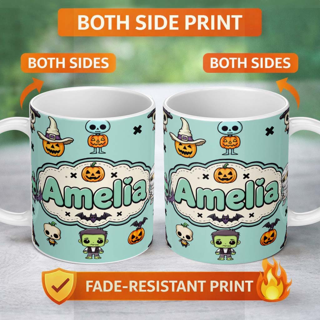 Personalized Custom Name Cute Halloween Frankenstein Mummy Bat Pumpkin Seamless Pattern Teal 11oz Ceramic Coffee Tea Mug White Large Handle