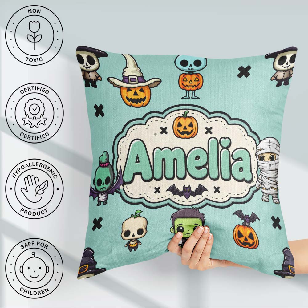 Custom Name Frankenstein Mummy Bat Pumpkin Seamless Pattern Teal Square Filled Cushion Throw Pillow Sofa Bed Home Decor Zip Washable UK Made