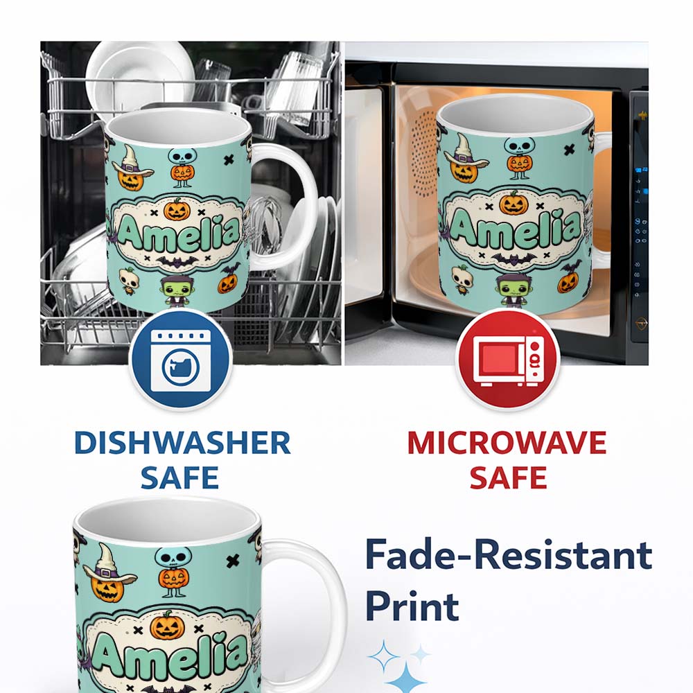Personalized Custom Name Cute Halloween Frankenstein Mummy Bat Pumpkin Seamless Pattern Teal 11oz Ceramic Coffee Tea Mug White Large Handle