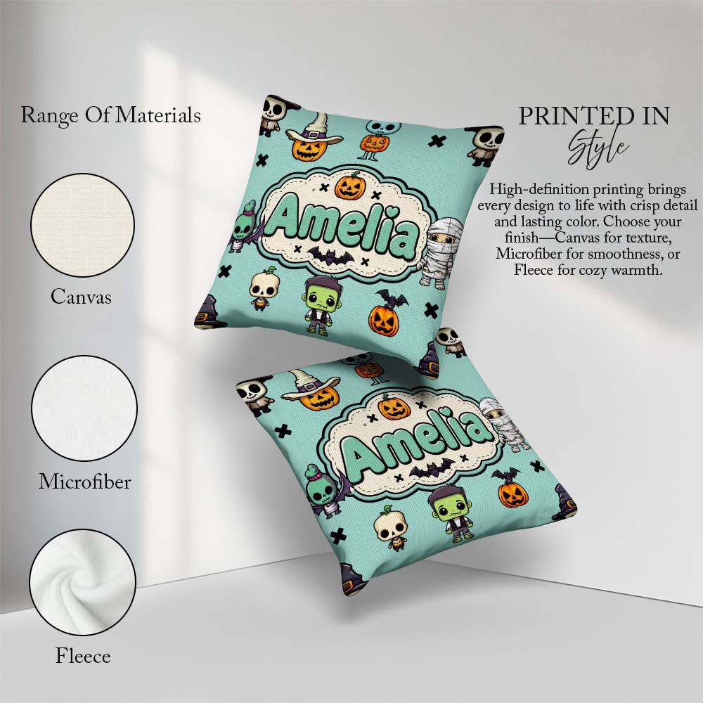 Custom Name Frankenstein Mummy Bat Pumpkin Seamless Pattern Teal Square Filled Cushion Throw Pillow Sofa Bed Home Decor Zip Washable UK Made