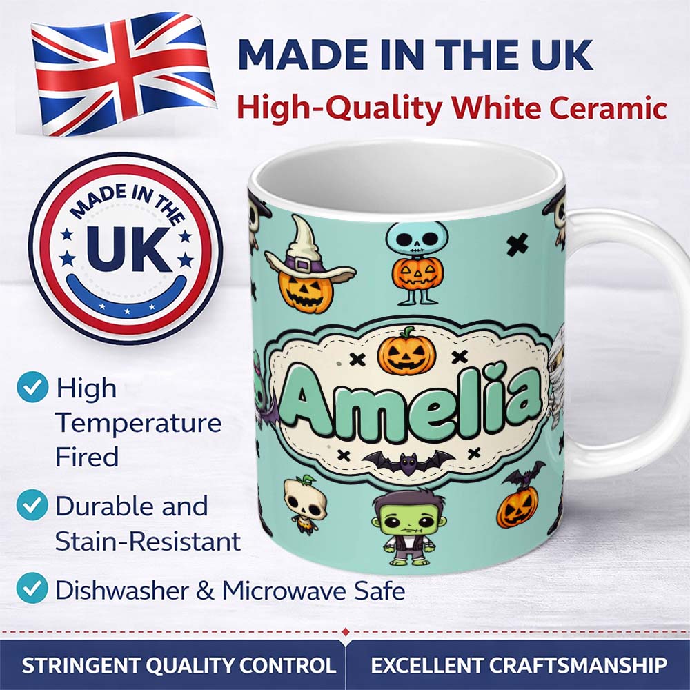 Personalized Custom Name Cute Halloween Frankenstein Mummy Bat Pumpkin Seamless Pattern Teal 11oz Ceramic Coffee Tea Mug White Large Handle