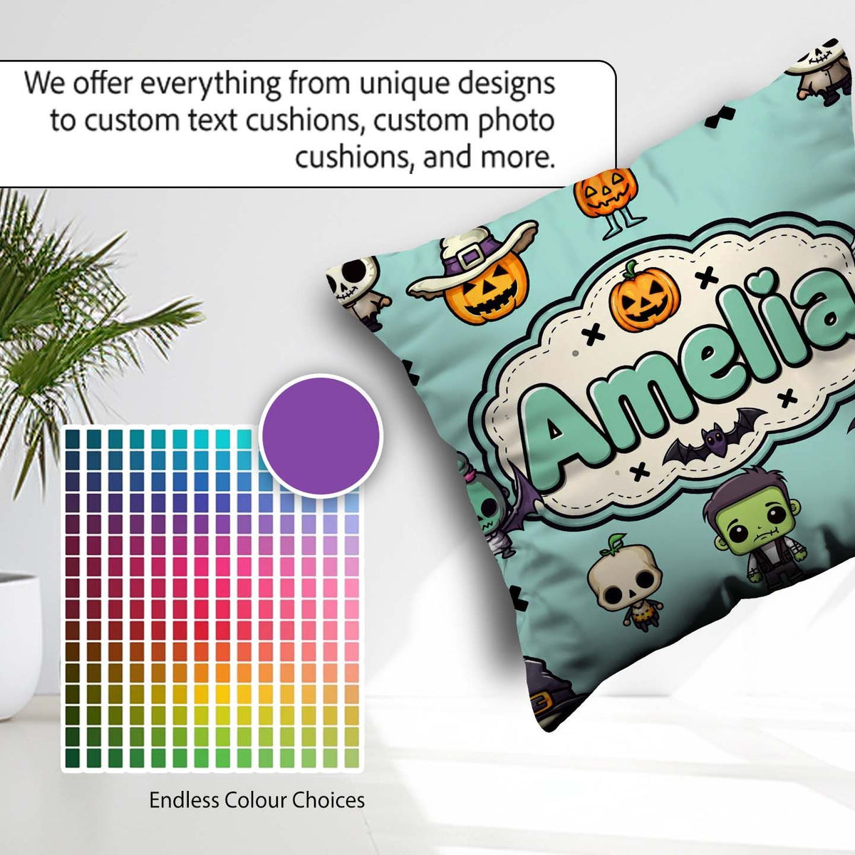 Custom Name Frankenstein Mummy Bat Pumpkin Seamless Pattern Teal Square Filled Cushion Throw Pillow Sofa Bed Home Decor Zip Washable UK Made