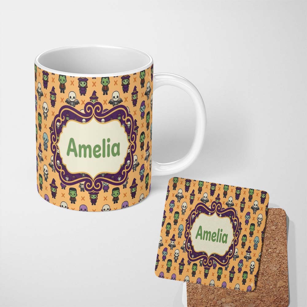 Personalized Custom Name Halloween Frankenstein Mummy Bat Pumpkin Seamless Pattern Orange 11oz Ceramic Coffee Tea Mug White Large Handle