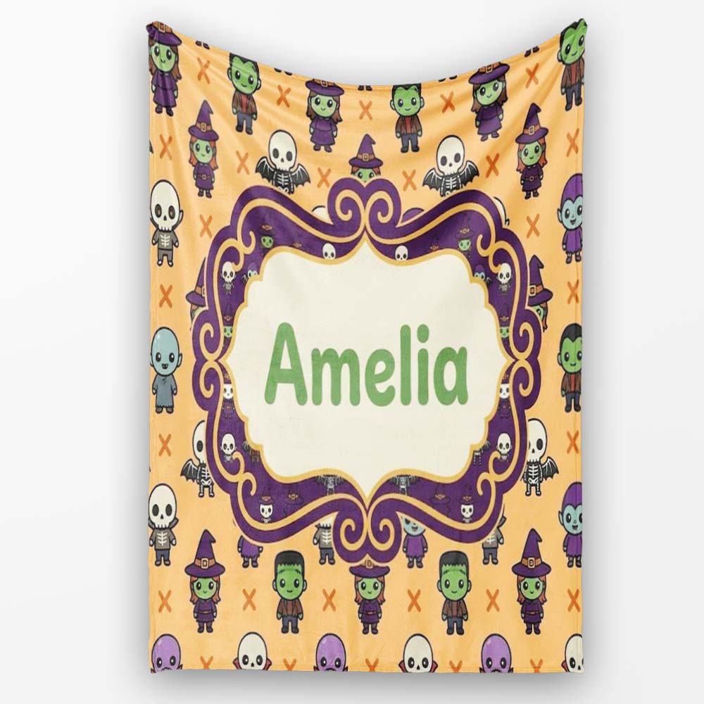 Halloween Frankenstein Mummy Bat Pumpkin Seamless Pattern Orange Personalised Custom Name Super Soft Fleece Blanket Bed Sofa Throw