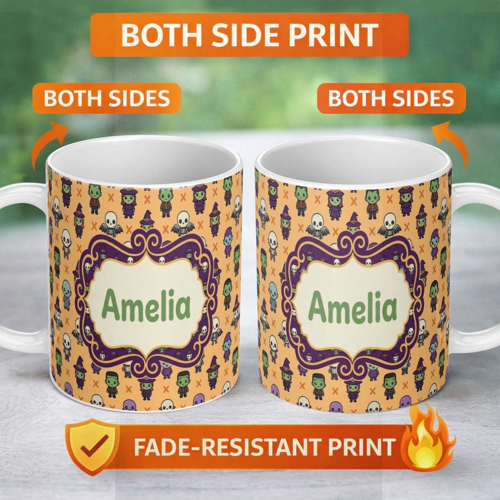 Personalized Custom Name Halloween Frankenstein Mummy Bat Pumpkin Seamless Pattern Orange 11oz Ceramic Coffee Tea Mug White Large Handle