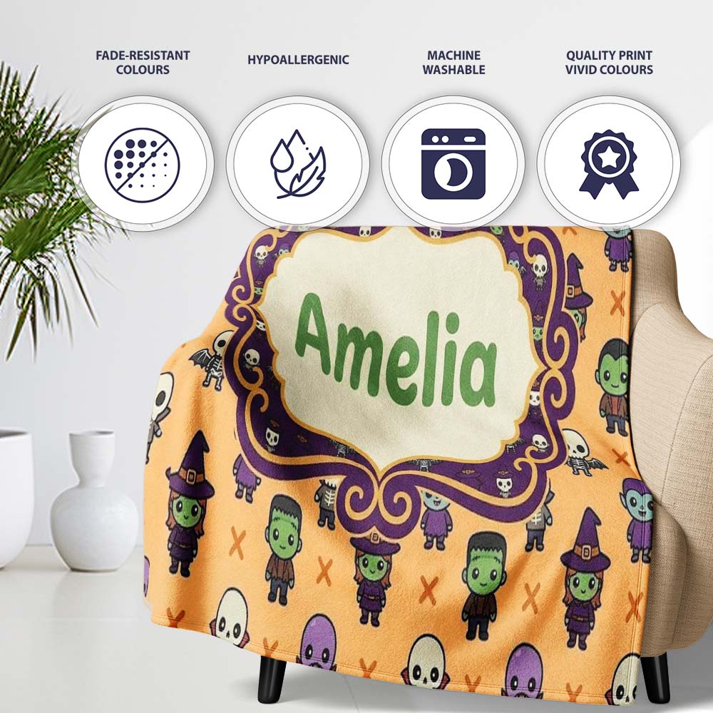 Halloween Frankenstein Mummy Bat Pumpkin Seamless Pattern Orange Personalised Custom Name Super Soft Fleece Blanket Bed Sofa Throw