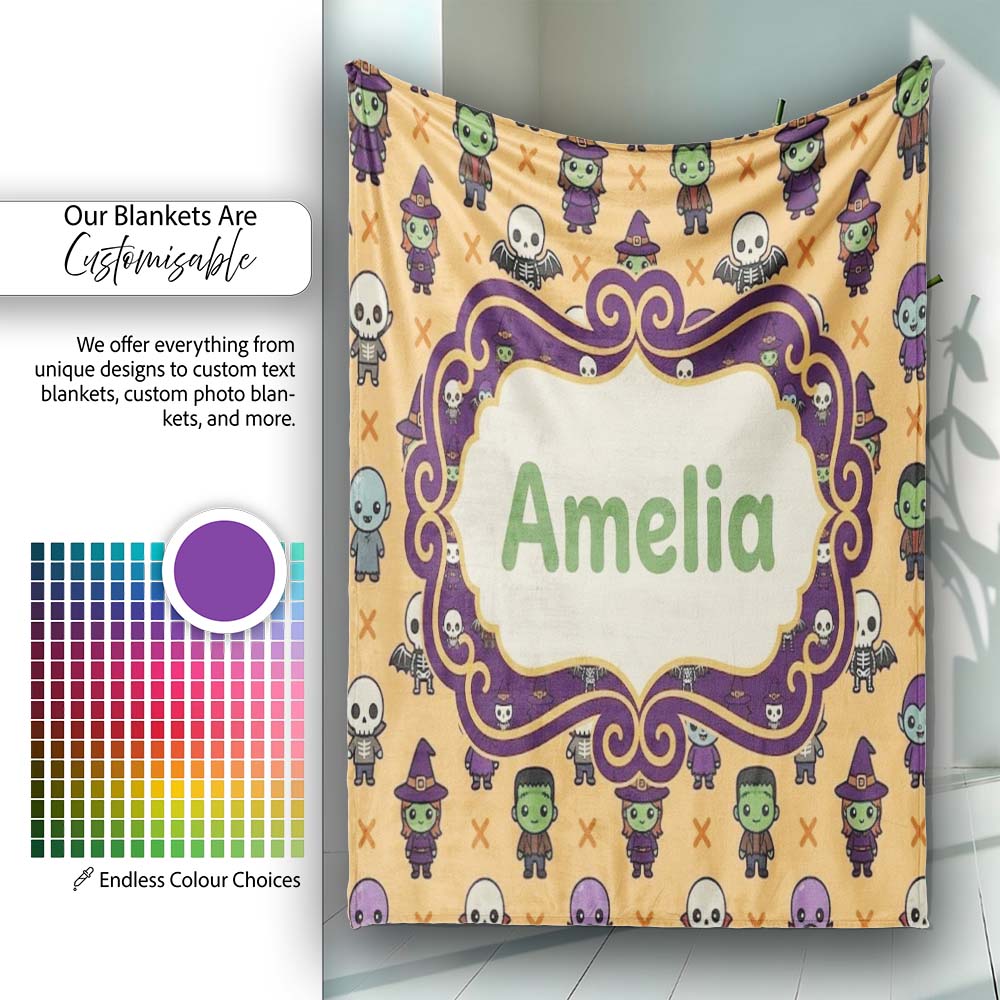 Halloween Frankenstein Mummy Bat Pumpkin Seamless Pattern Orange Personalised Custom Name Super Soft Fleece Blanket Bed Sofa Throw