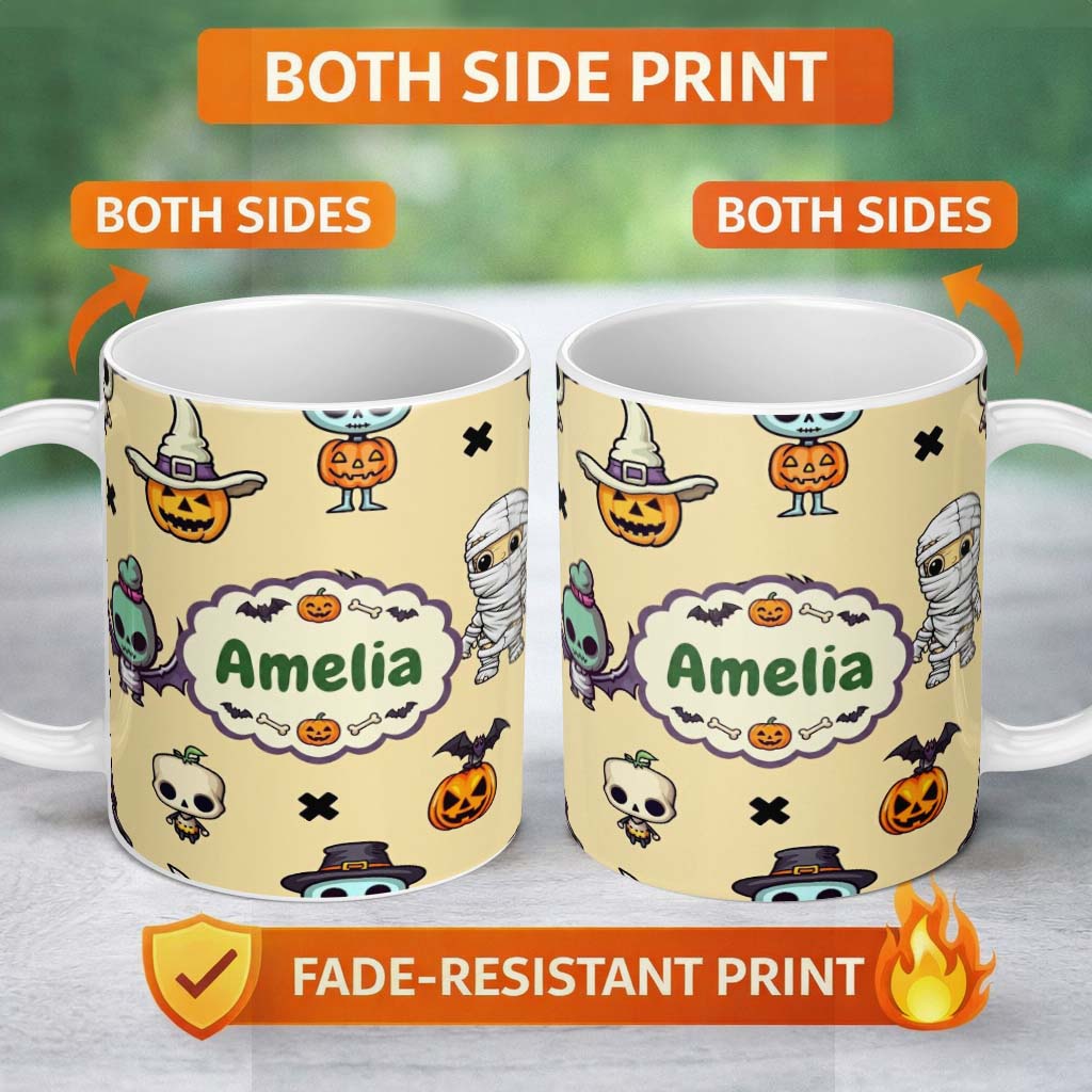Personalized Custom Name Cute Halloween Frankenstein Mummy Bat Pumpkin Seamless Pattern 11oz Ceramic Coffee Tea Mug White Large Handle