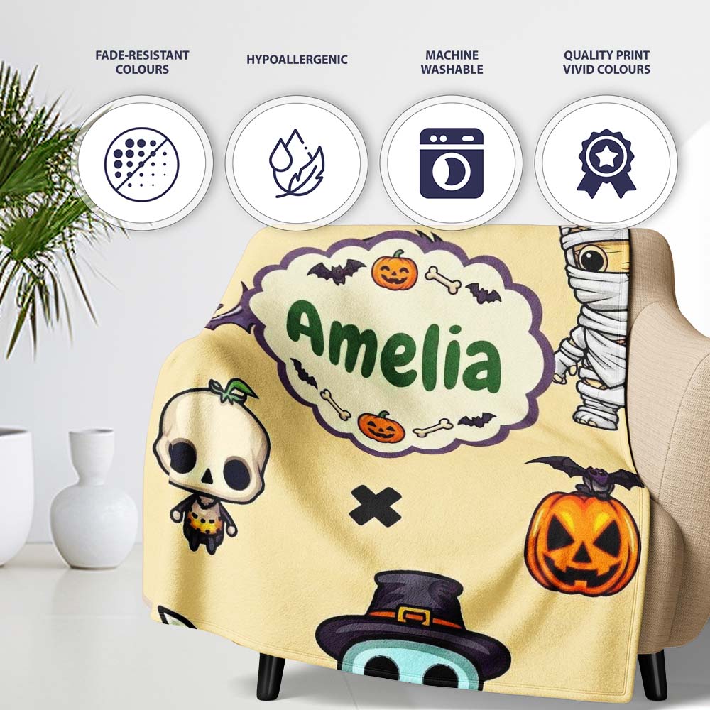 Cute Halloween Frankenstein Mummy Bat Pumpkin Seamless Pattern Personalised Custom Name Super Soft Fleece Blanket Bed Sofa Throw