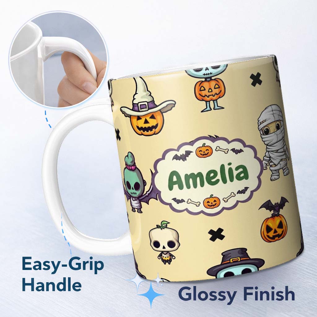 Personalized Custom Name Cute Halloween Frankenstein Mummy Bat Pumpkin Seamless Pattern 11oz Ceramic Coffee Tea Mug White Large Handle