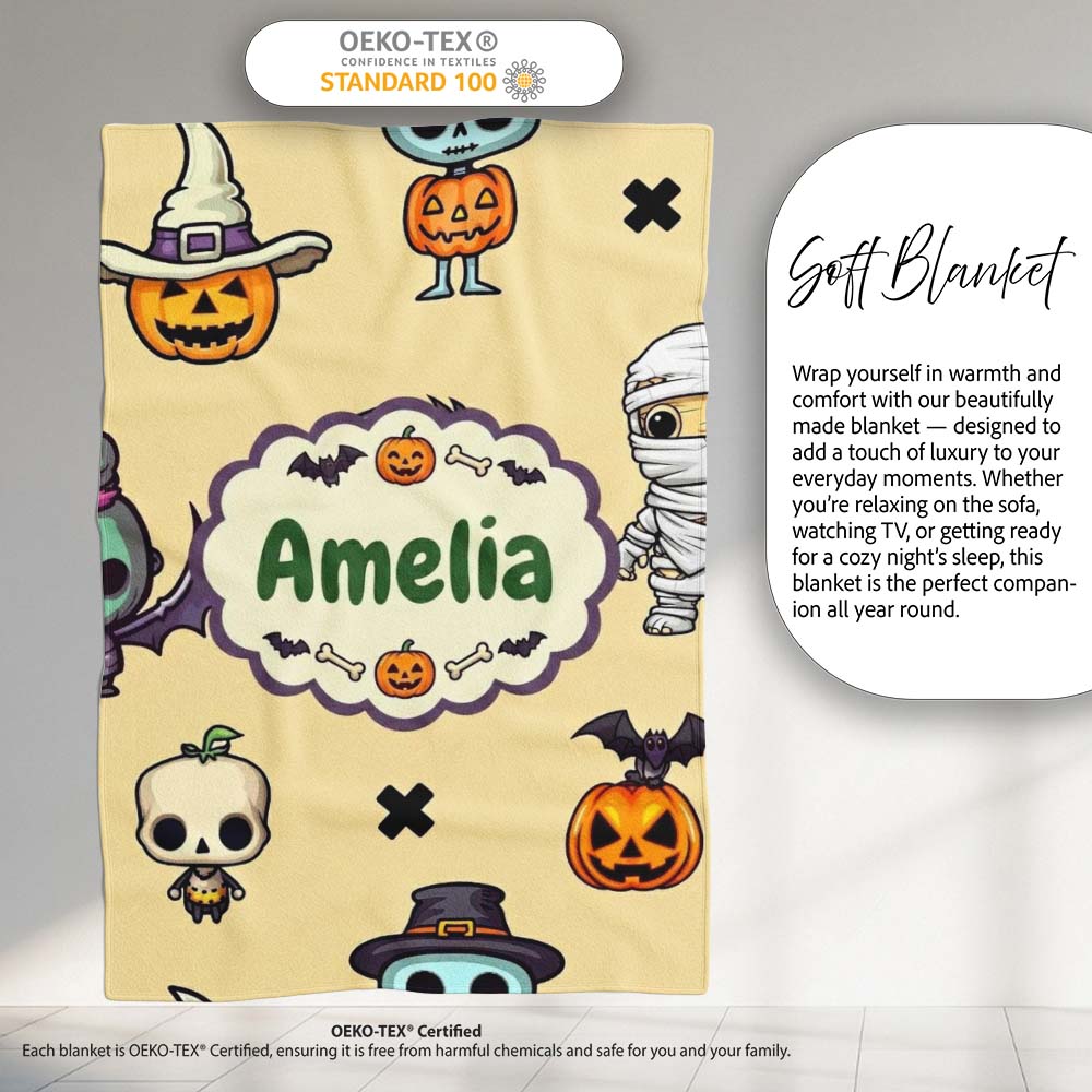 Cute Halloween Frankenstein Mummy Bat Pumpkin Seamless Pattern Personalised Custom Name Super Soft Fleece Blanket Bed Sofa Throw