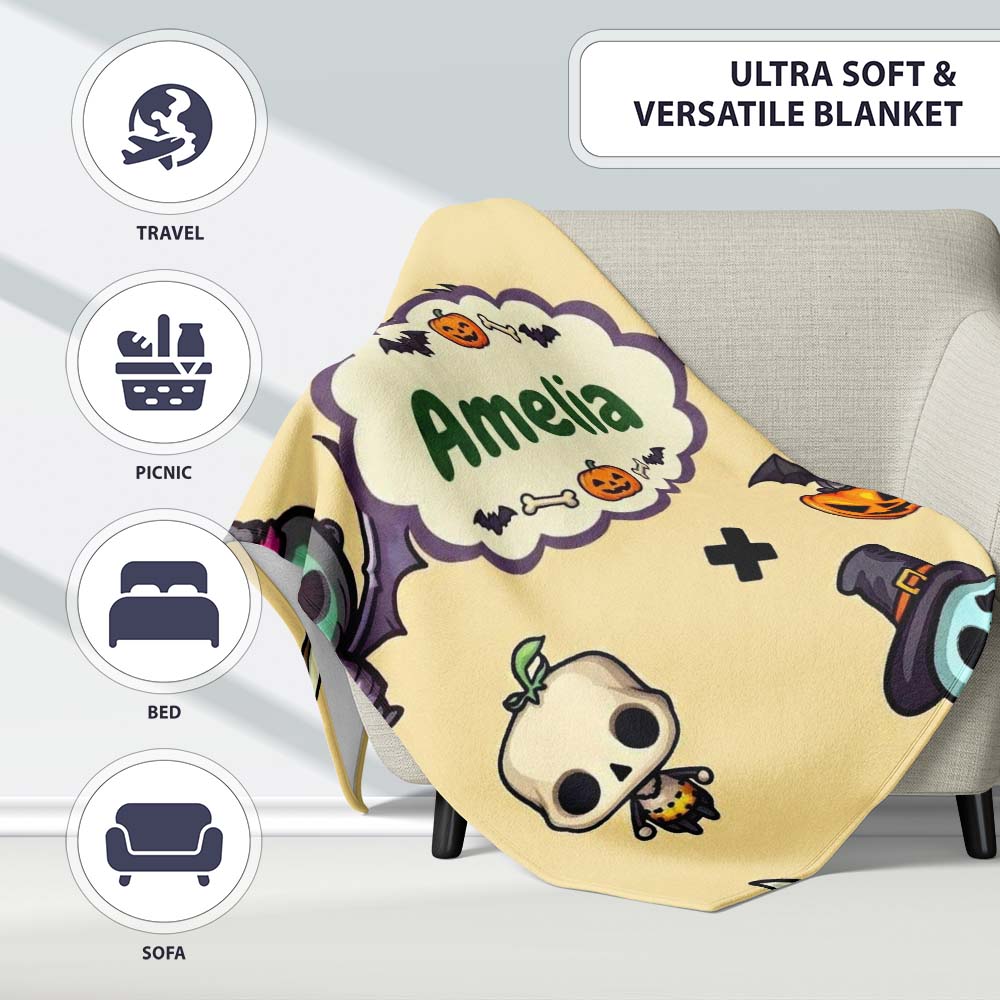 Cute Halloween Frankenstein Mummy Bat Pumpkin Seamless Pattern Personalised Custom Name Super Soft Fleece Blanket Bed Sofa Throw