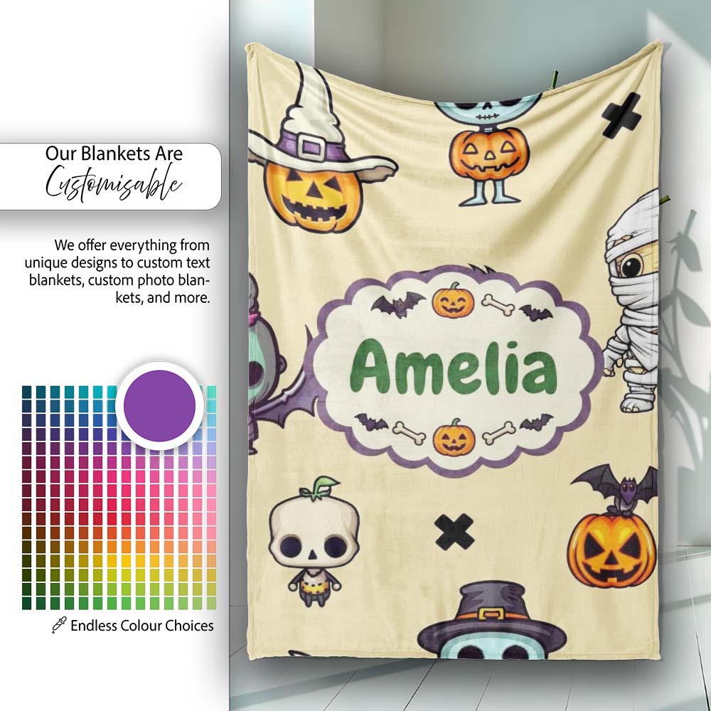 Cute Halloween Frankenstein Mummy Bat Pumpkin Seamless Pattern Personalised Custom Name Super Soft Fleece Blanket Bed Sofa Throw