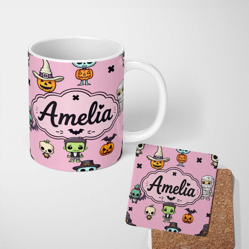 Personalized Custom Name Cute Halloween Frankenstein Mummy Bat Pumpkin Seamless Pattern Pink 11oz Ceramic Coffee Tea Mug White Large Handle