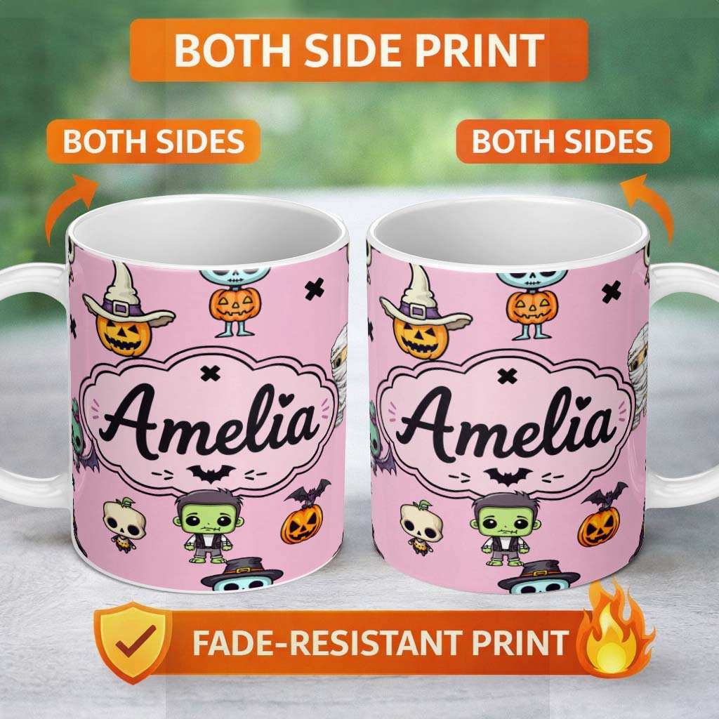 Personalized Custom Name Cute Halloween Frankenstein Mummy Bat Pumpkin Seamless Pattern Pink 11oz Ceramic Coffee Tea Mug White Large Handle
