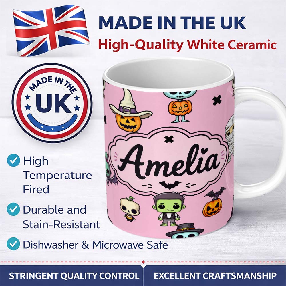 Personalized Custom Name Cute Halloween Frankenstein Mummy Bat Pumpkin Seamless Pattern Pink 11oz Ceramic Coffee Tea Mug White Large Handle