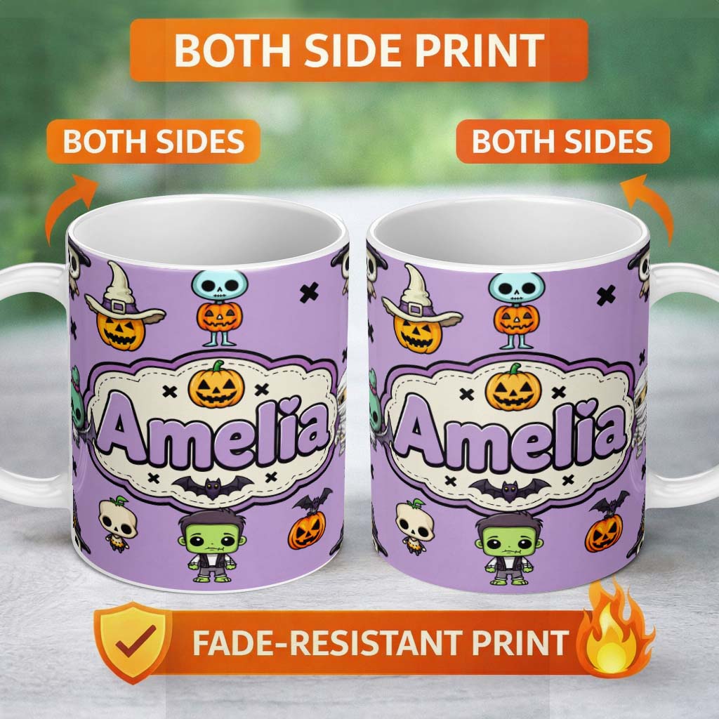 Personalized Custom Name Halloween Frankenstein Mummy Bat Pumpkin Seamless Pattern Purple 11oz Ceramic Coffee Tea Mug White Large Handle