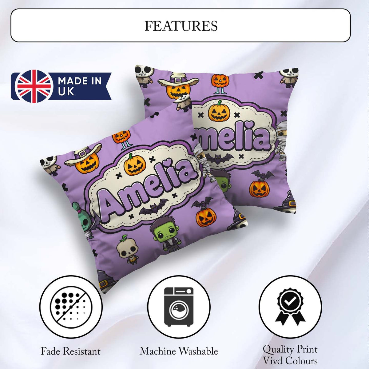 Custom Name Halloween Mummy Bat Pumpkin Seamless Pattern Purple Square Filled Cushion Throw Pillow Sofa Bed Home Decor Zip Washable UK Made