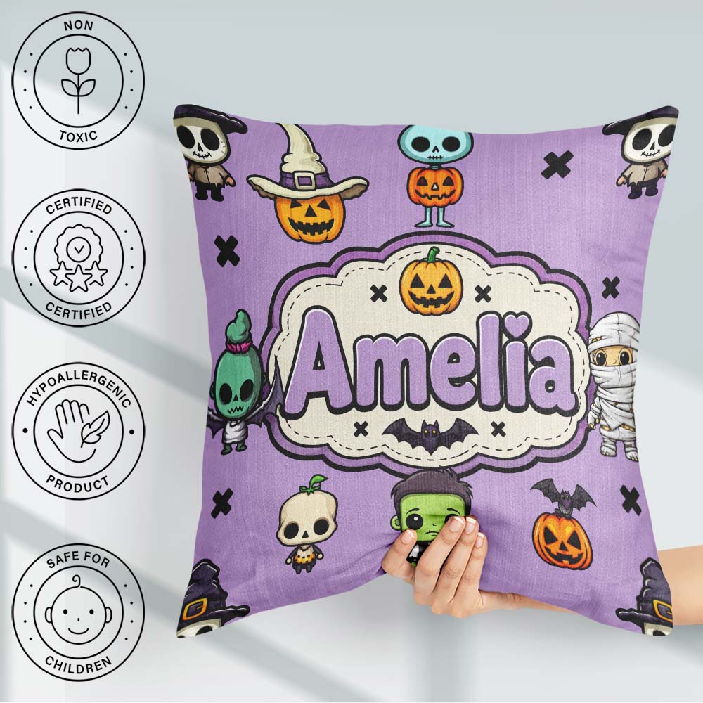 Custom Name Halloween Mummy Bat Pumpkin Seamless Pattern Purple Square Filled Cushion Throw Pillow Sofa Bed Home Decor Zip Washable UK Made
