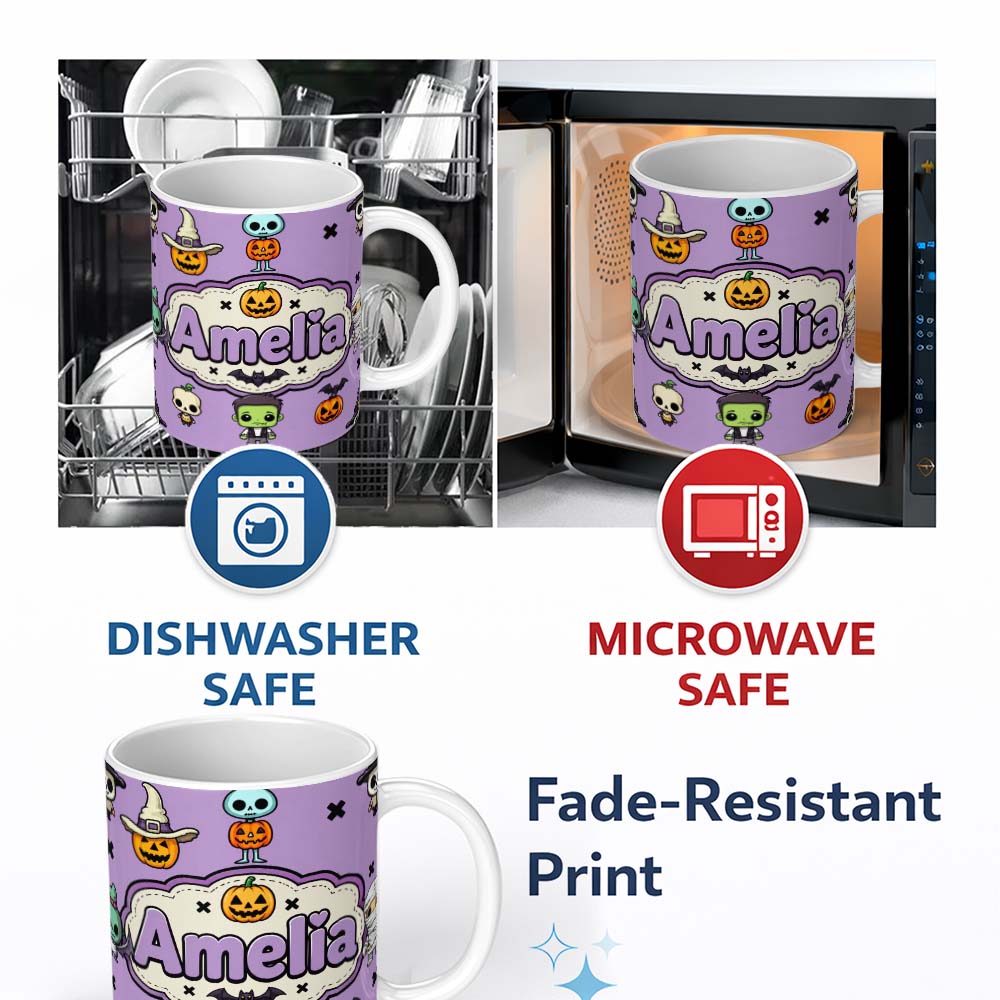 Personalized Custom Name Halloween Frankenstein Mummy Bat Pumpkin Seamless Pattern Purple 11oz Ceramic Coffee Tea Mug White Large Handle